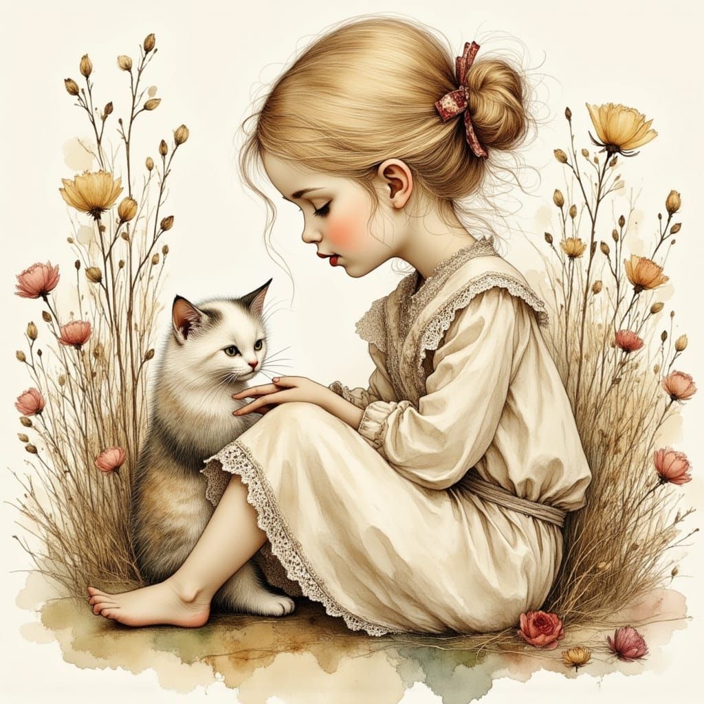 Girl with Kitten in Art Nouveau Style