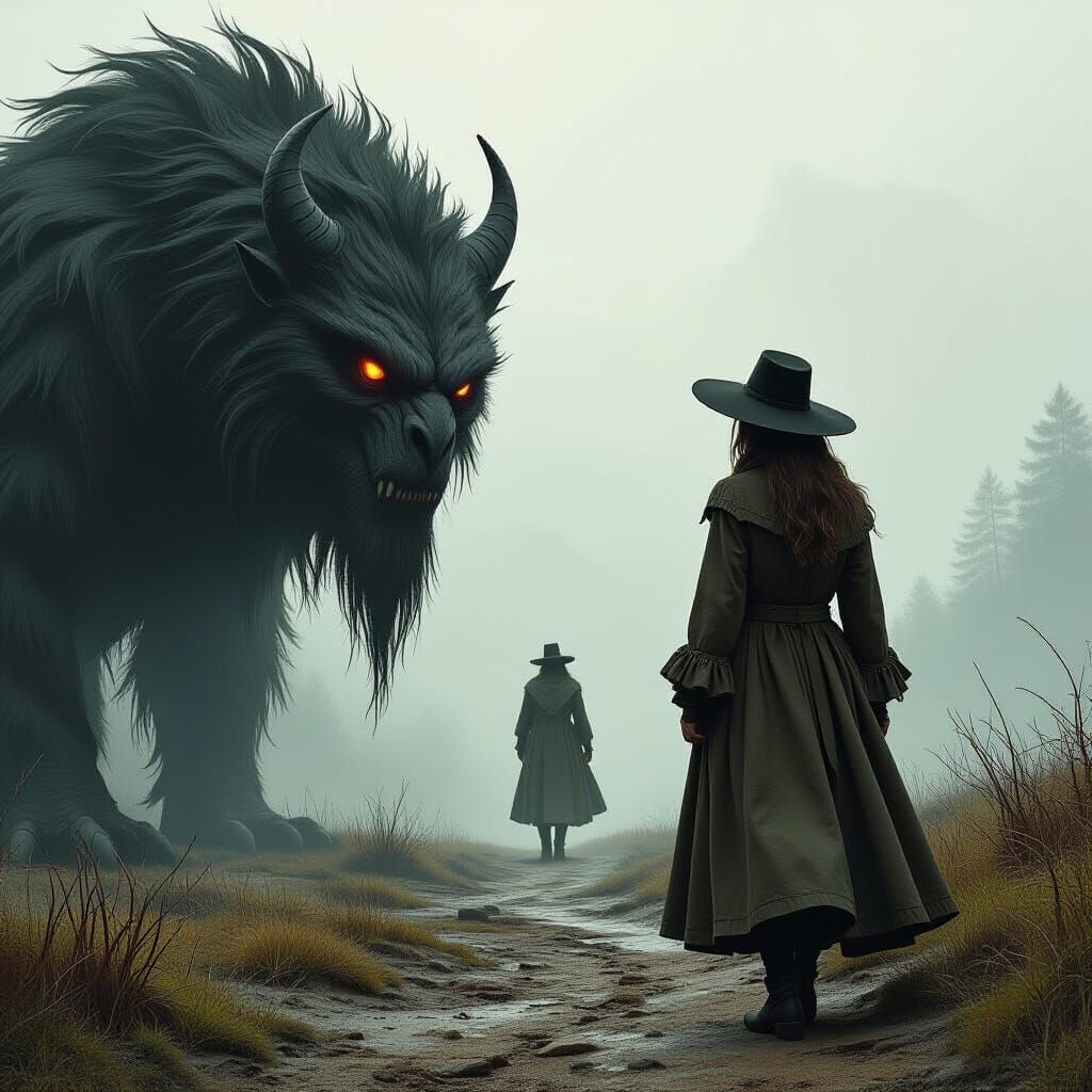 Traveler Guided by Beast in Gothic Landscape