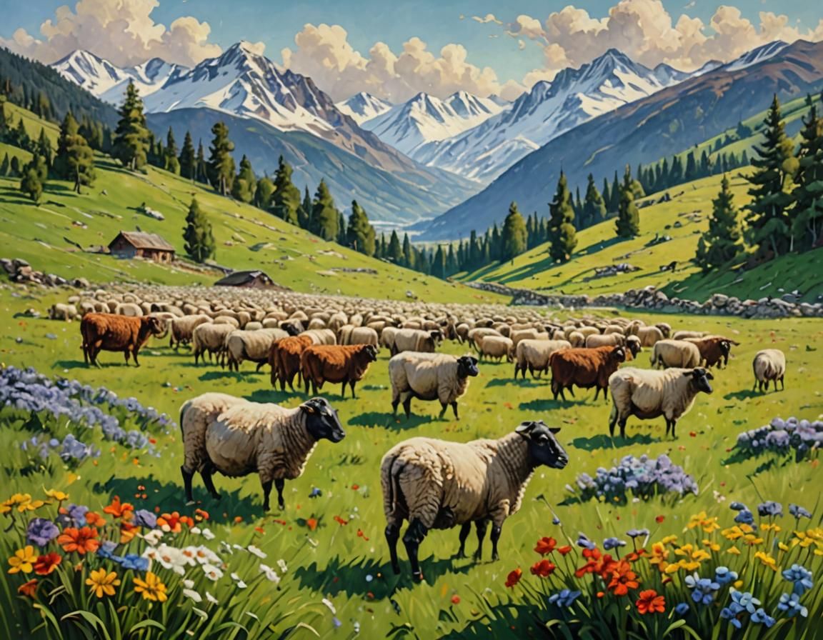 Sheep and Cows Grazing: An Oil Painting