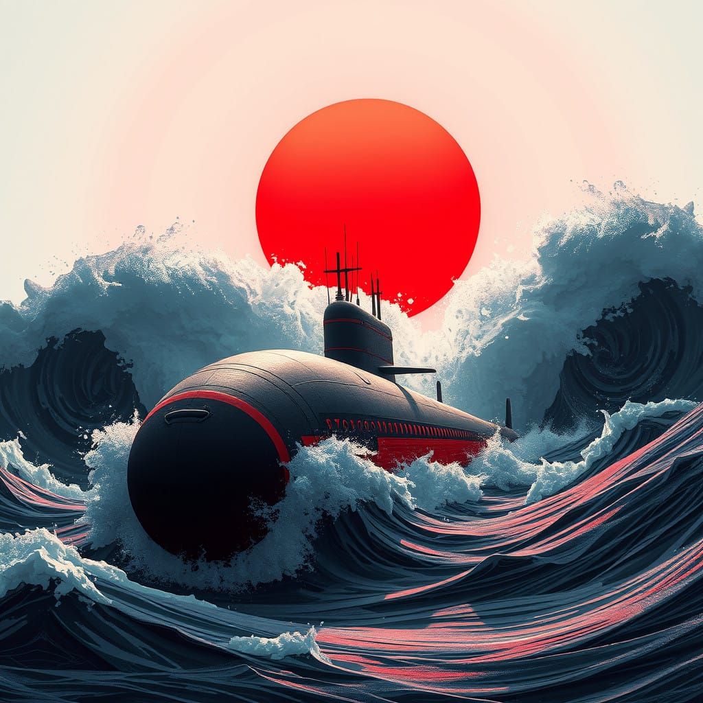 Majestic Japanese Submarine Ascends Through Fiery Waves