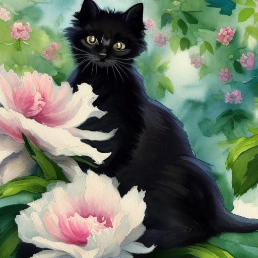 Black Kitten Among White Peonies: Gouache Style