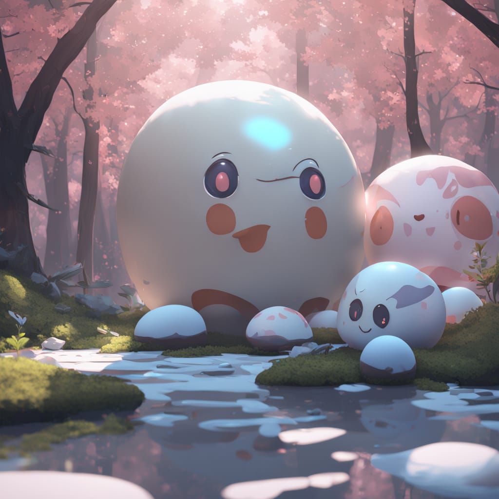3D Anime Art: Egg Hatches Cute Face in Forest