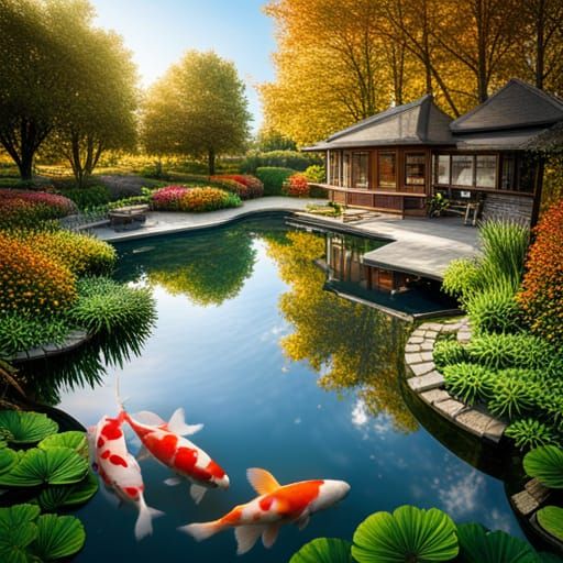 Photorealistic Koi Pond Garden in Bloom