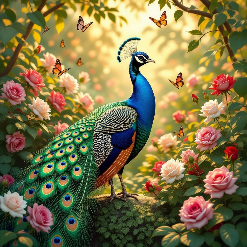 Majestic Peacock with Diamond Patterns in Rose Garden