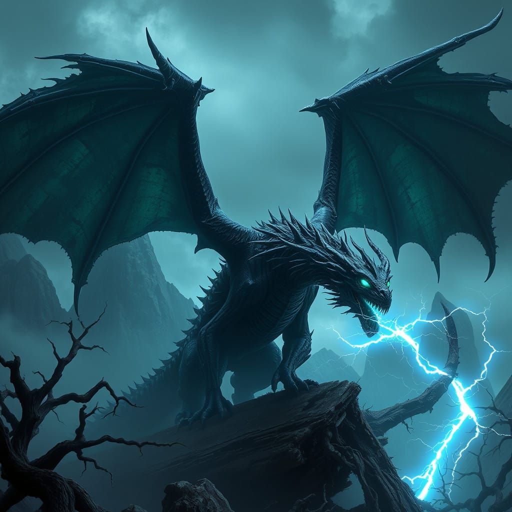 Dark Fantasy Black Dragon Unleashes Lightning Breath