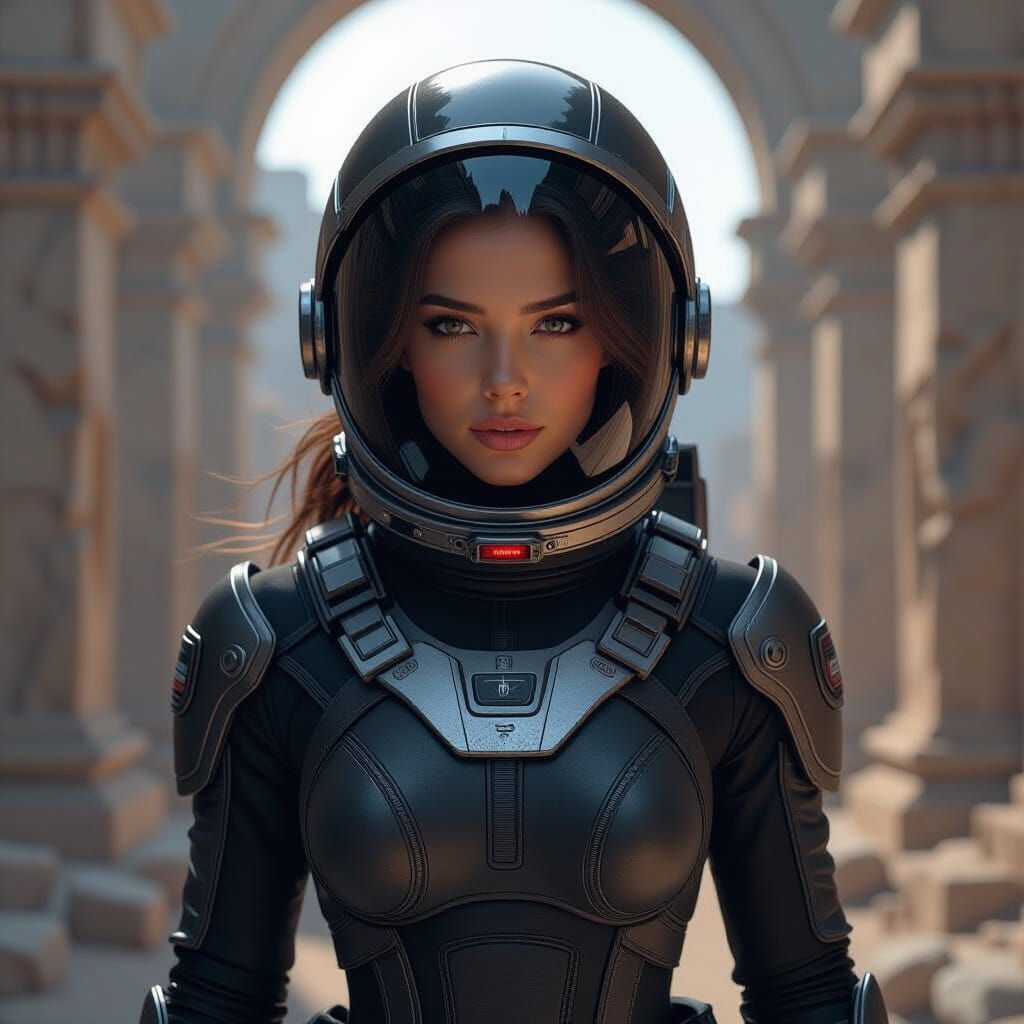 Astronaut Alexandra Exploring Ancient Ruins in Art Nouveau