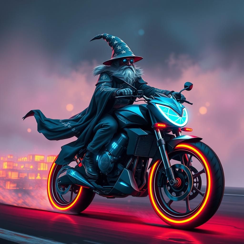 Wizard Rides Cyberpunk Motorcycle Through Ethereal Night