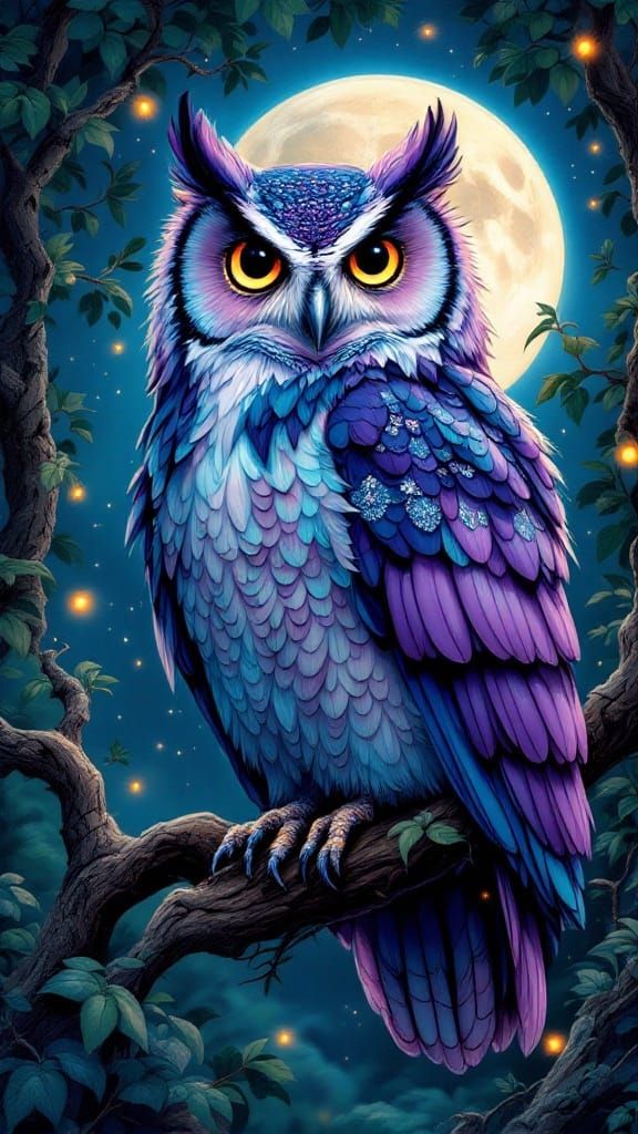 Luminous Owl Perched in Moonlit Branches