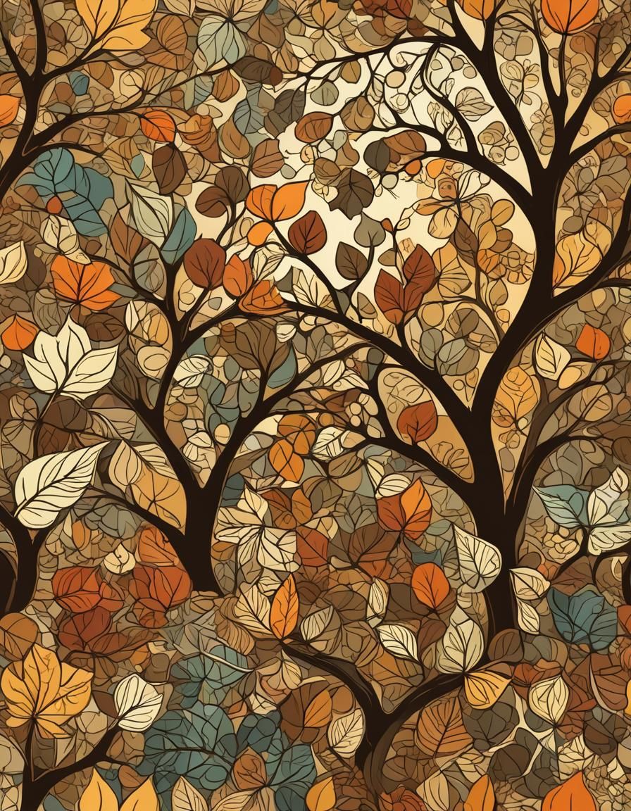Earth Tone Leaves Falling at Sunrise, Abstract Vector