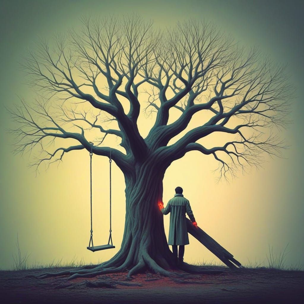Abandoned Oak Tree, a Man in a Muted Surreal Scene
