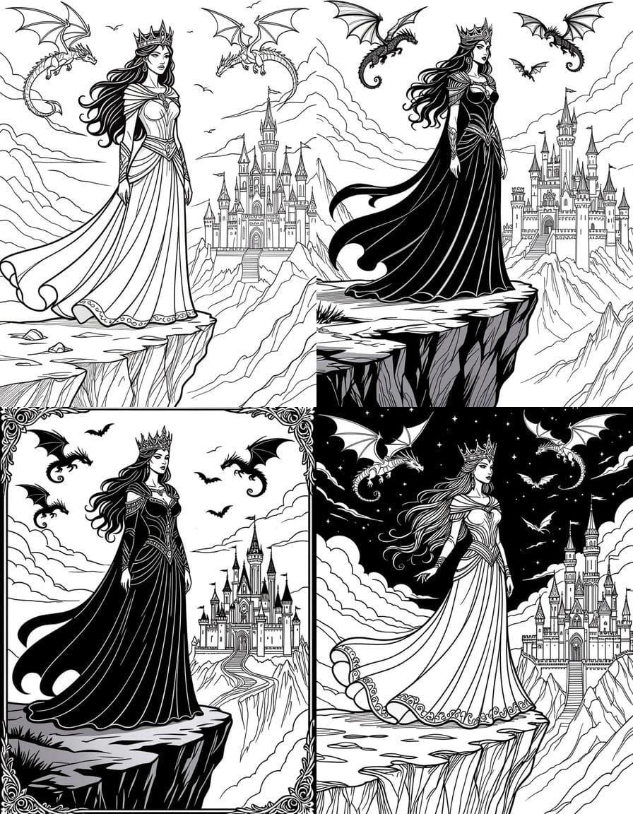 Fantasy Queen Line Art Coloring Page