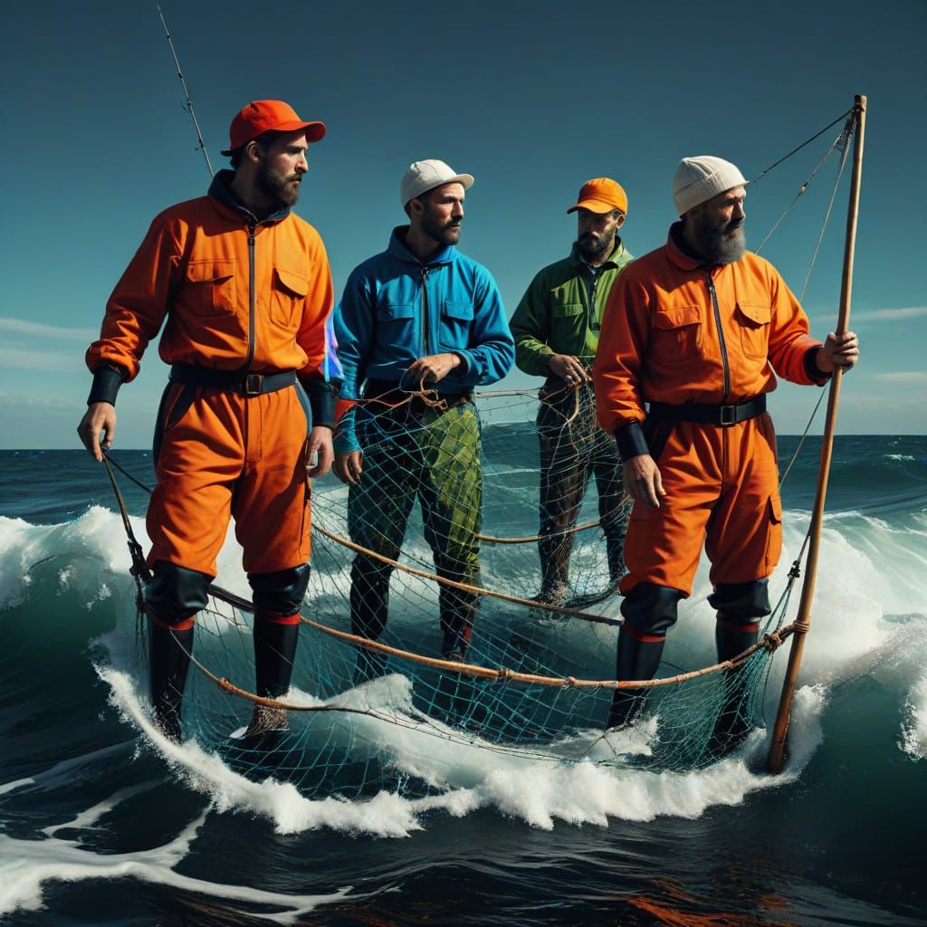 Fishermen on Turbulent Seas in Mannerist Pop Art Style