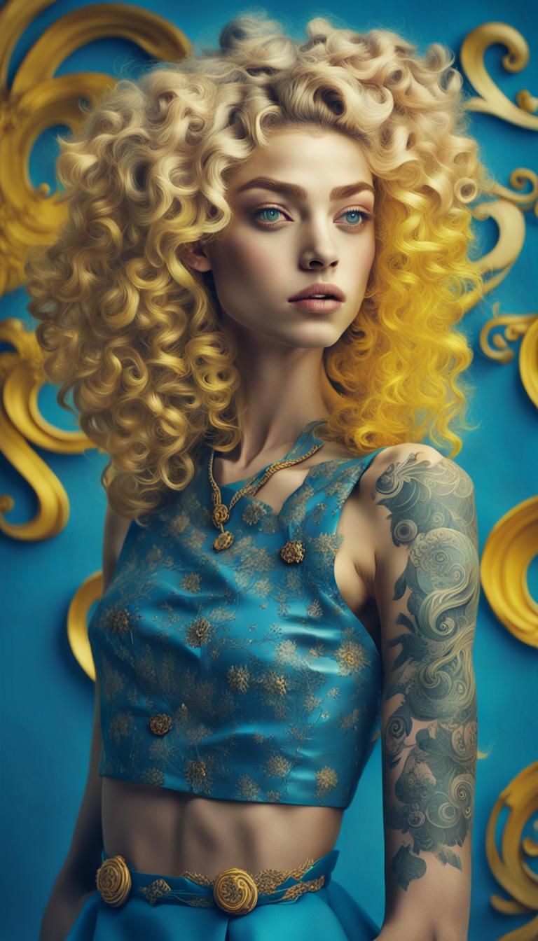 Tattooed Beauty with Curls in Forest, Digital Art
