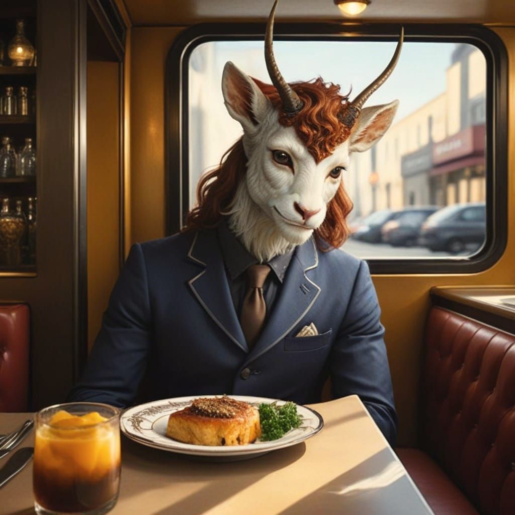 Faun Portrait in Chrome Diner, Storybook Style