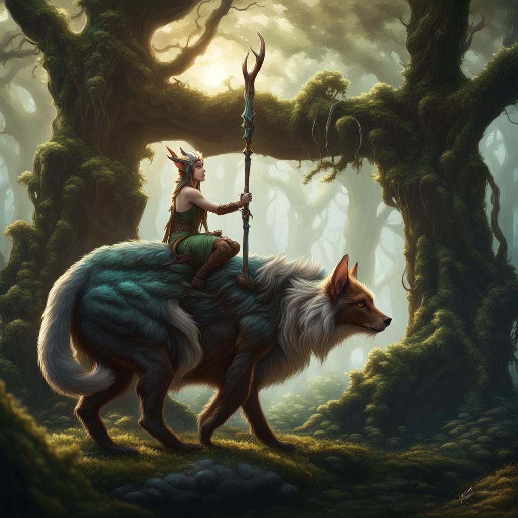 Elf Druid and Woodland Animal, Detailed Matte Painting