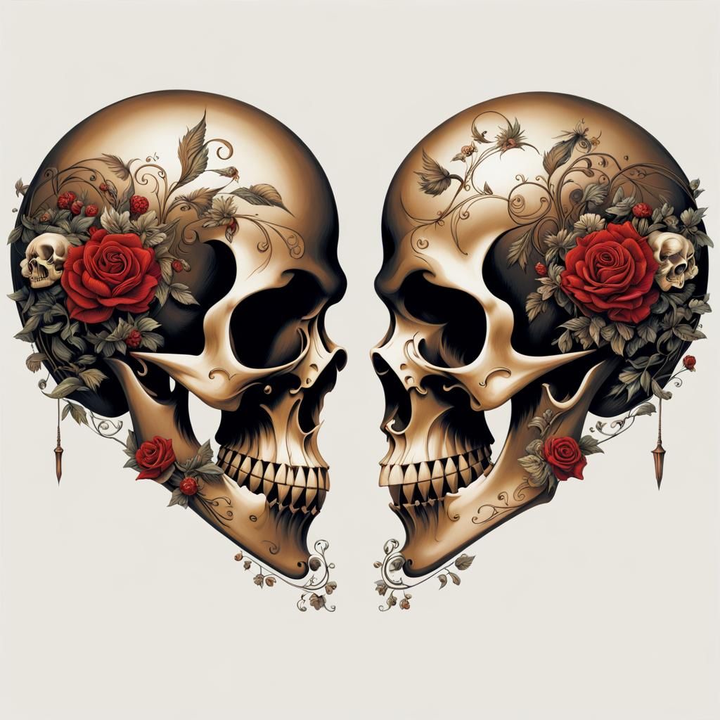 Heart of Skulls with Flowers and Ornate Details