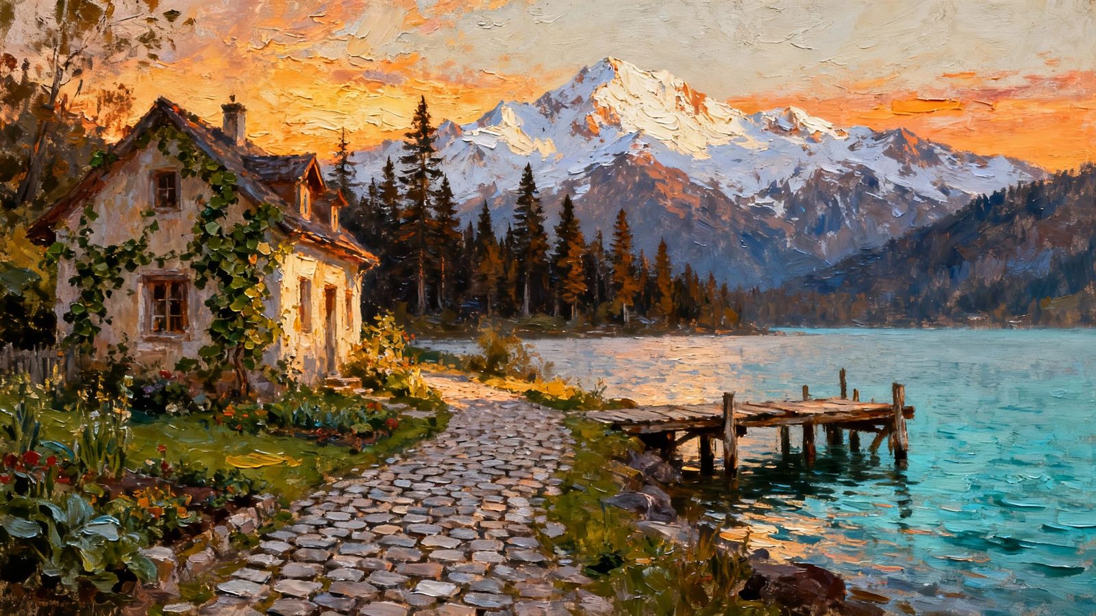 Romantic Cottage Core House at Sunset Oil Painting