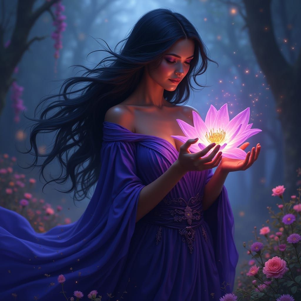 Sorceress Holding Magical Blossom in Ethereal Garden