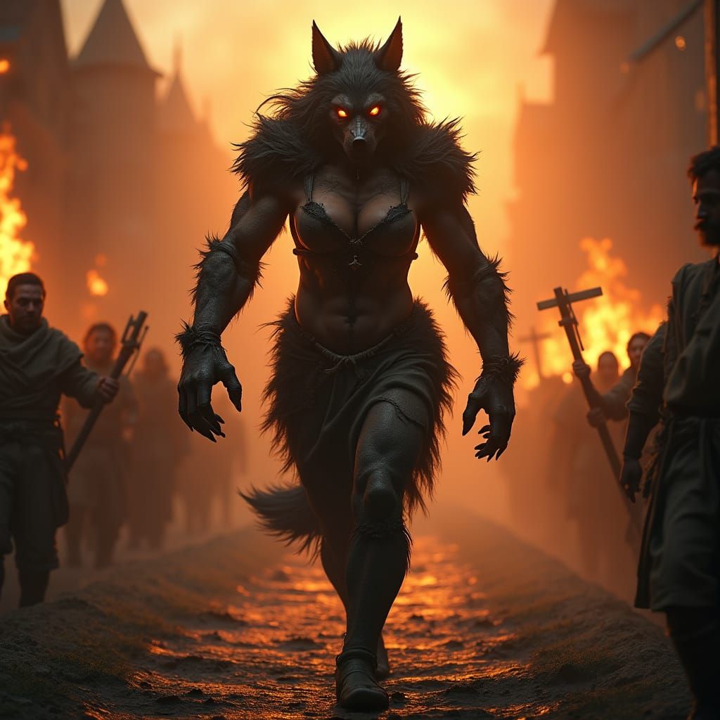 Medieval Goddess Emerges from Burning Village in Fiery Dawn