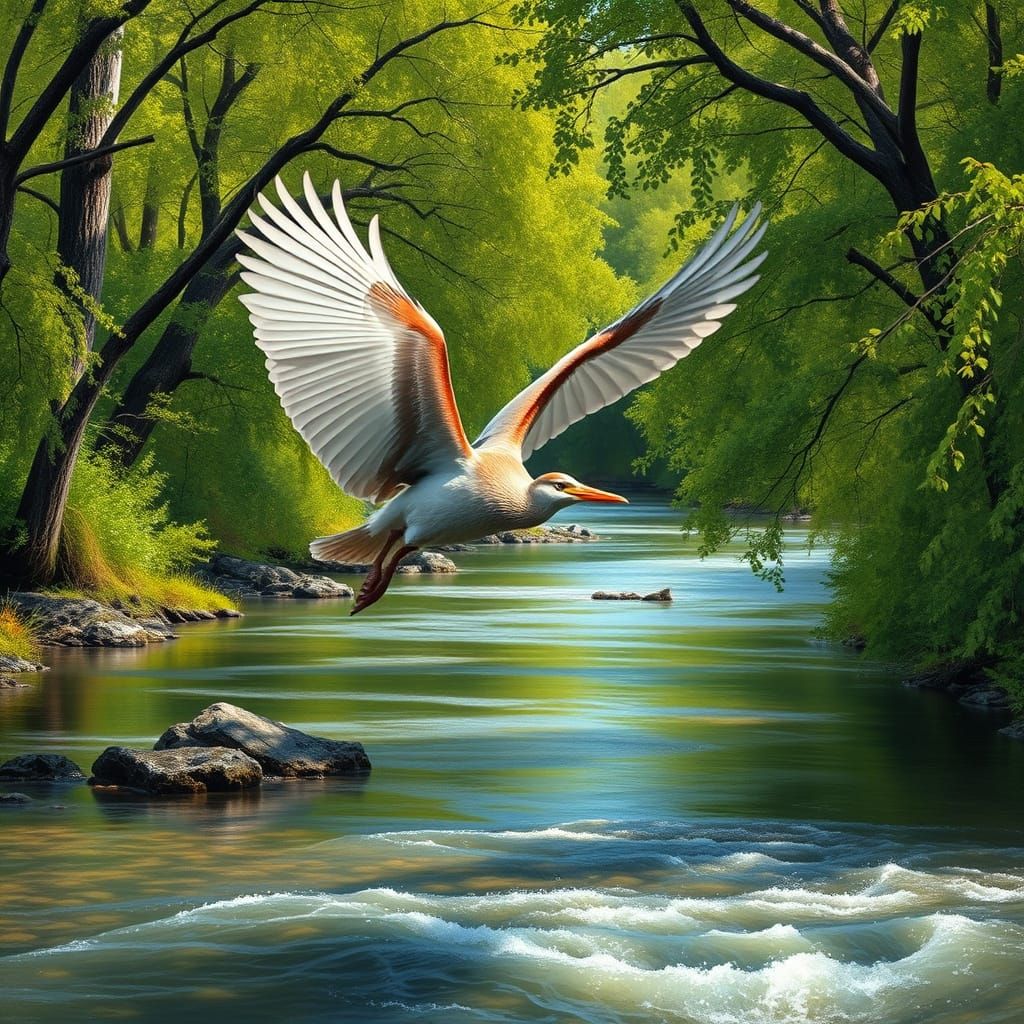 Eagle Hunting Above River, Impressionistic Art