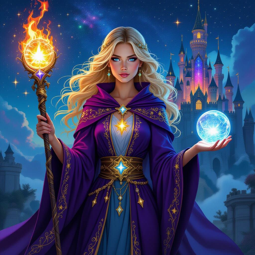 Cosmic Sorceress with Crystal Staff