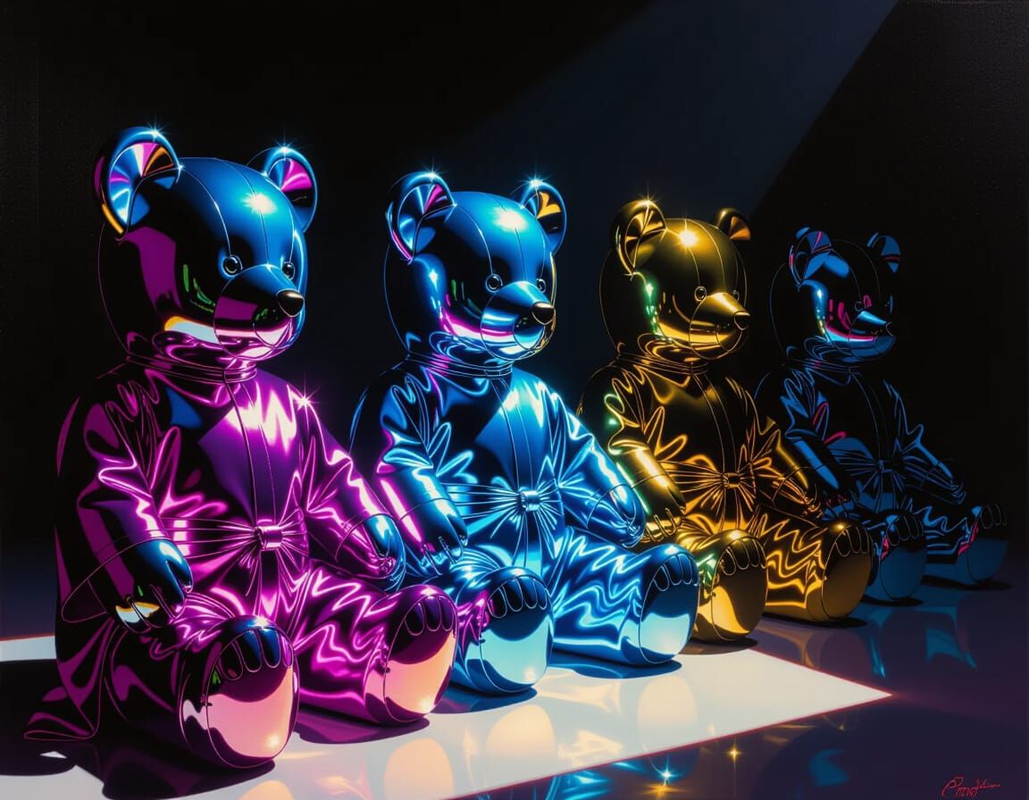 Chrome Teddy Bears in Shimmering Robes as Oil Painting