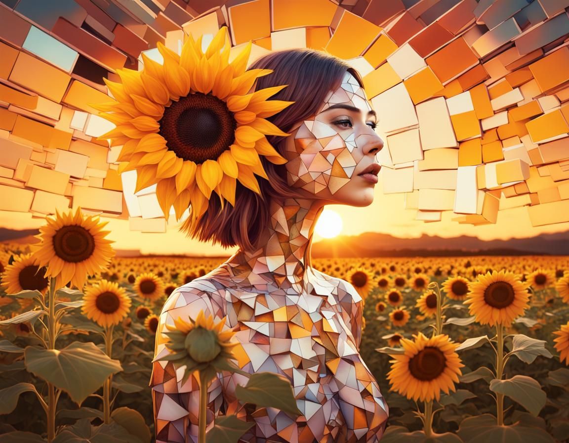 Surreal Kawaii Woman Fusing with Sunflower Field