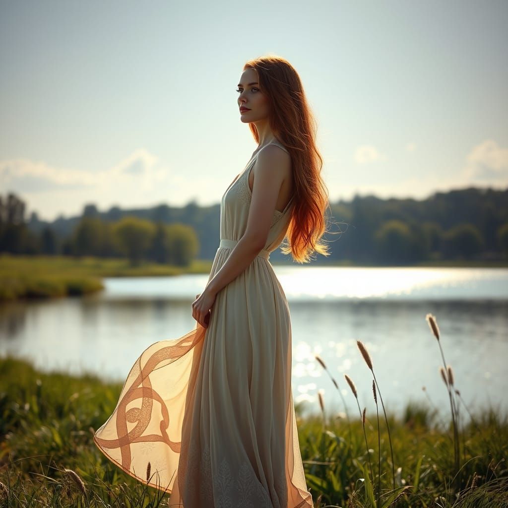 Celtic Woman in Sunlit Meadow, Pre-Raphaelite Style