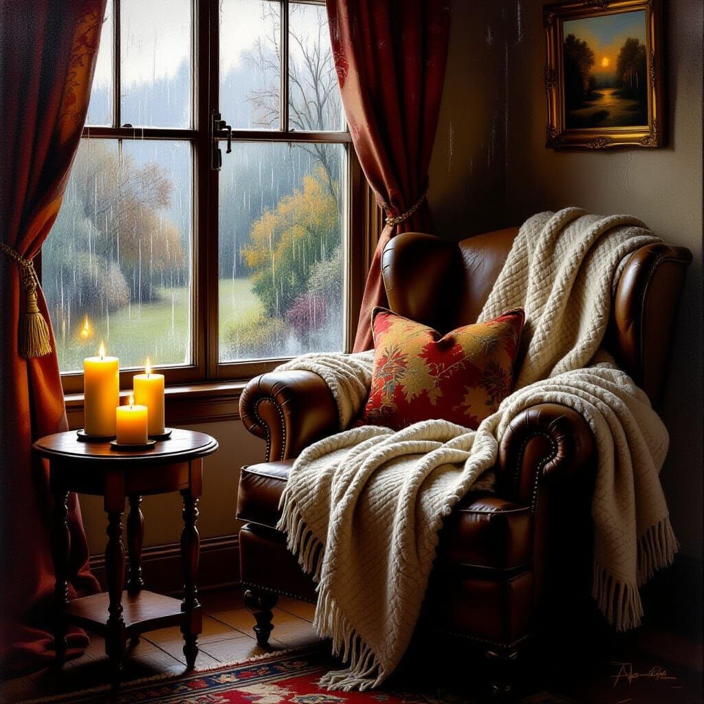 Cozy Reading Nook with Candles and Rainstorm in Oil Painting...