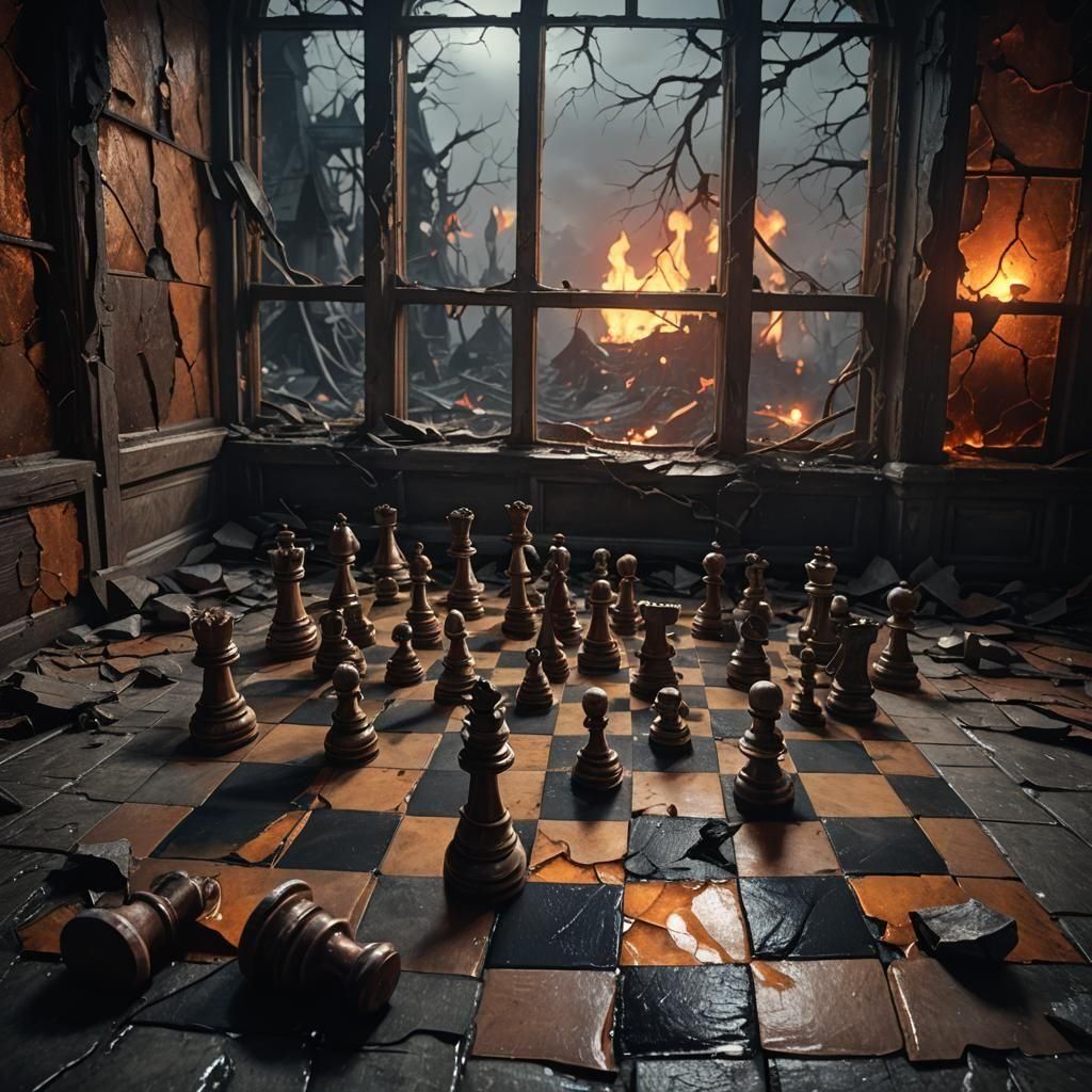 Dark Chessboard in Abandoned Mansion: Digital Art