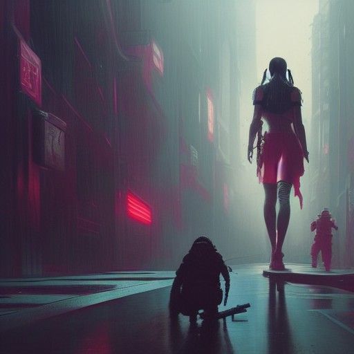 Cyberpunk Ninja Schoolgirl in Sinister Neon City