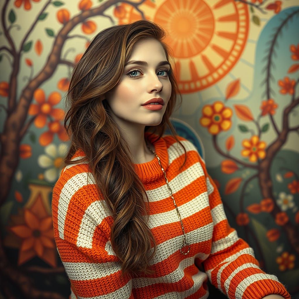 Boho Woman in Striped Sweater, Art Nouveau Style