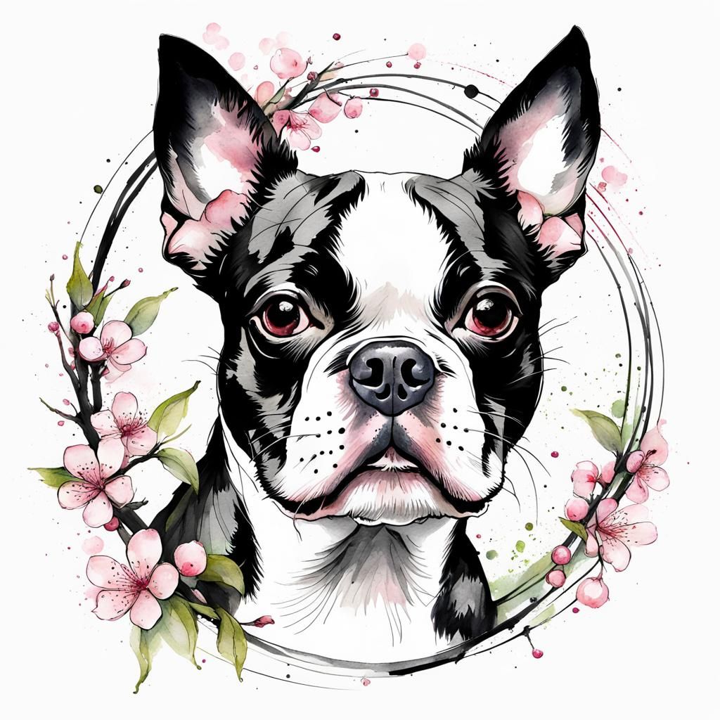 Boston Terrier in Spiraling Cherry Blossoms Watercolor