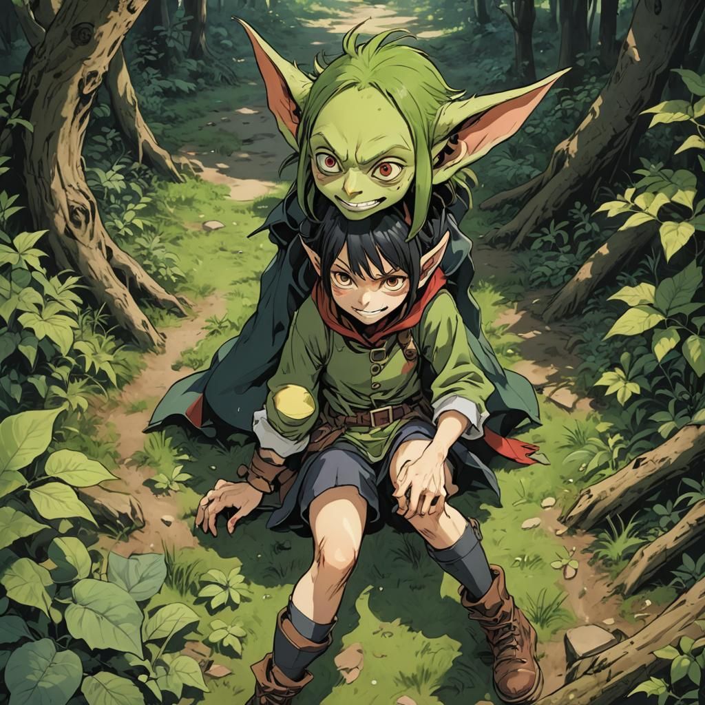 Shy Goblin Girl with Hurt Ankle in Anime Style