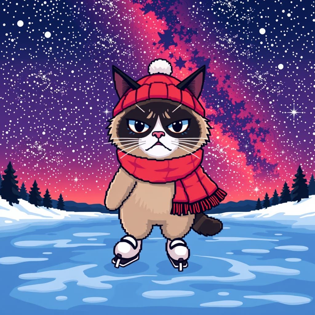 Cosmic Feline Ice Skater in Retro Pixel Art