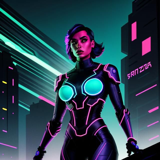 Colossal Woman with Glowing Circuits in Neon Cityscape
