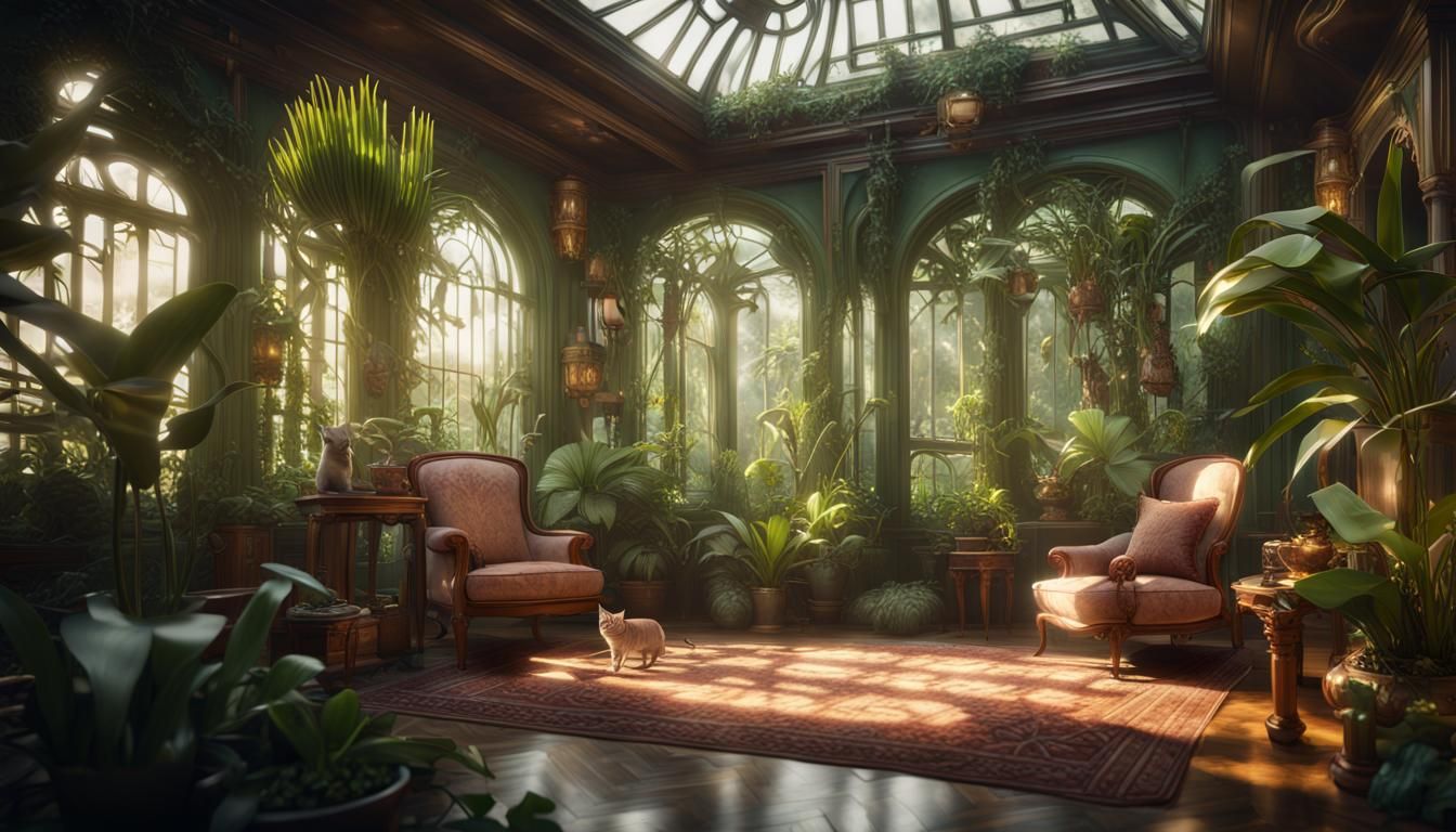 Art Nouveau Glasshouse with Jungle Plants and Cats