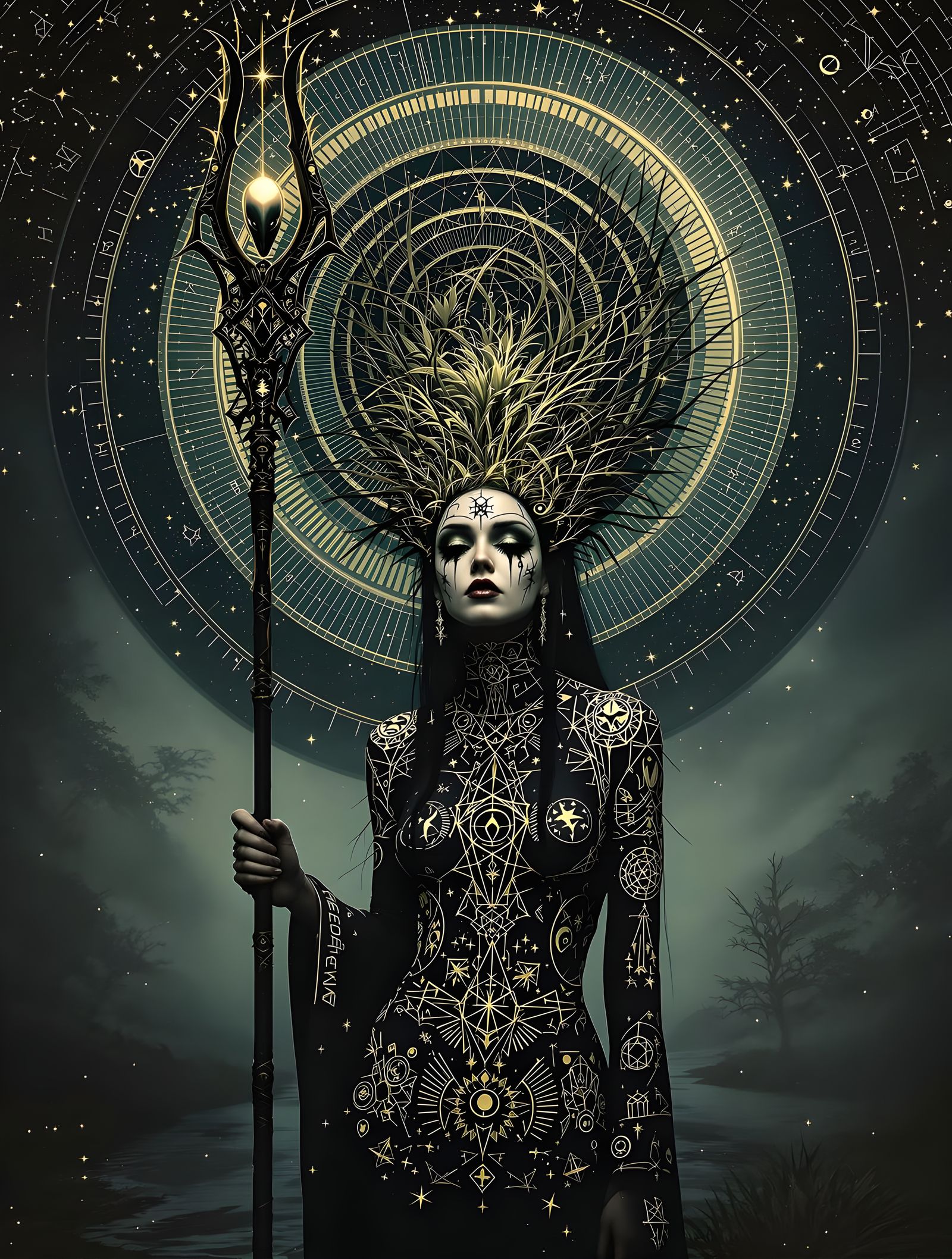 Mystical Voodoo Priestess in Foggy Swamp