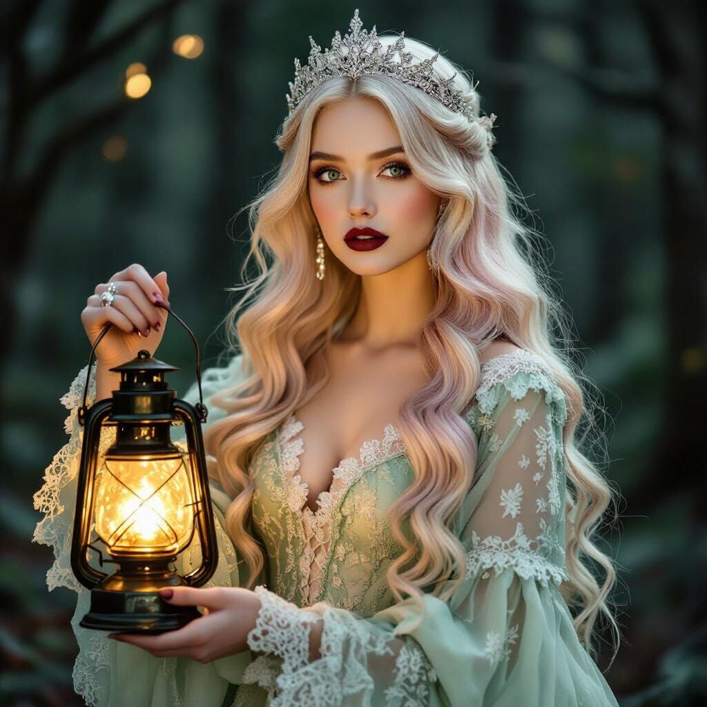 Ethereal Woman with Lantern in Winter Forest