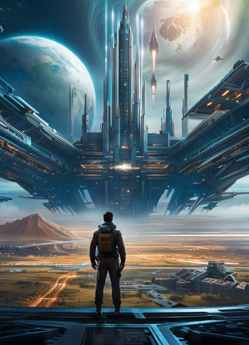 Sci-Fi Spaceport Cover Art in Hyperdetailed Style