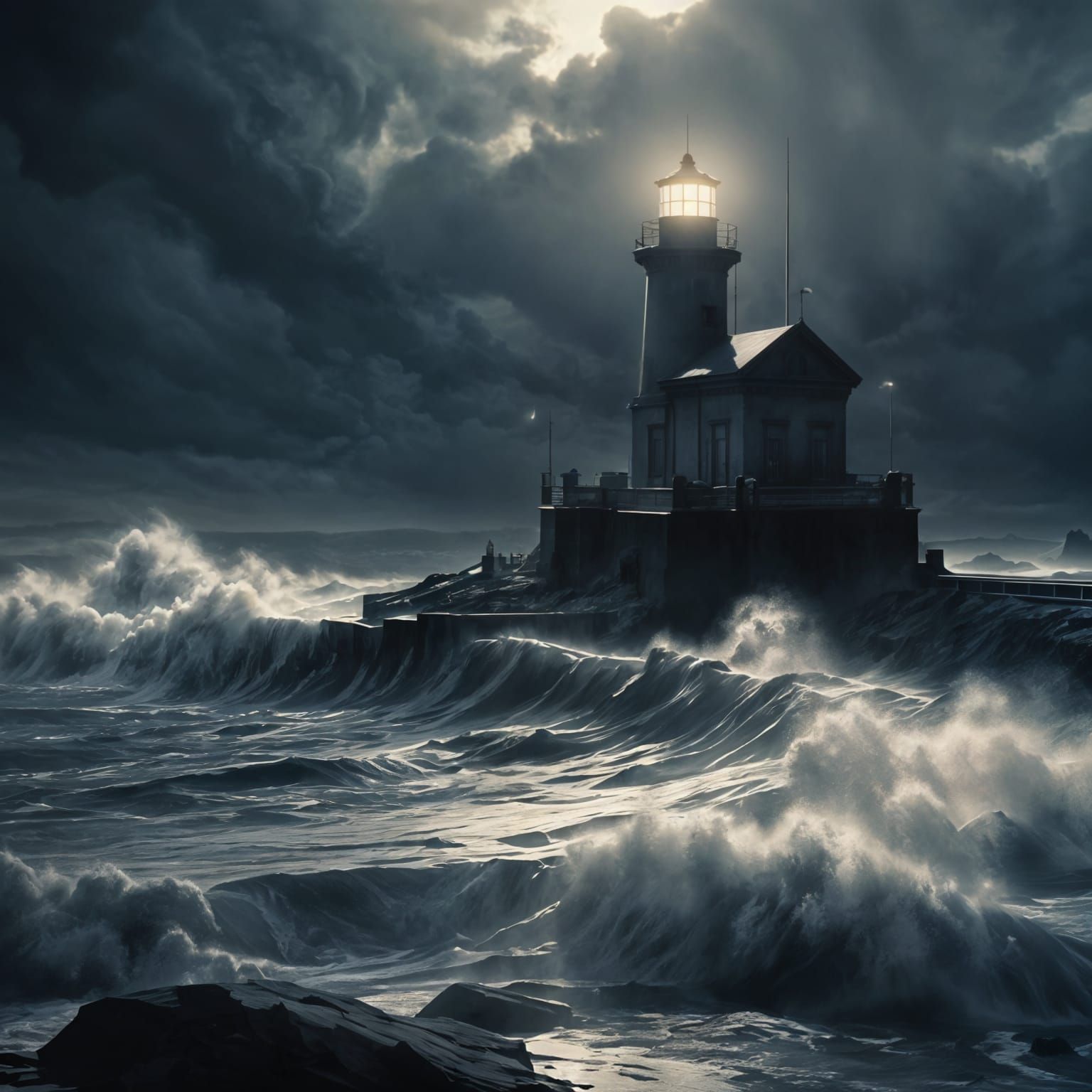 Moody Lighthouse Watercolour in the Style of Beksiński