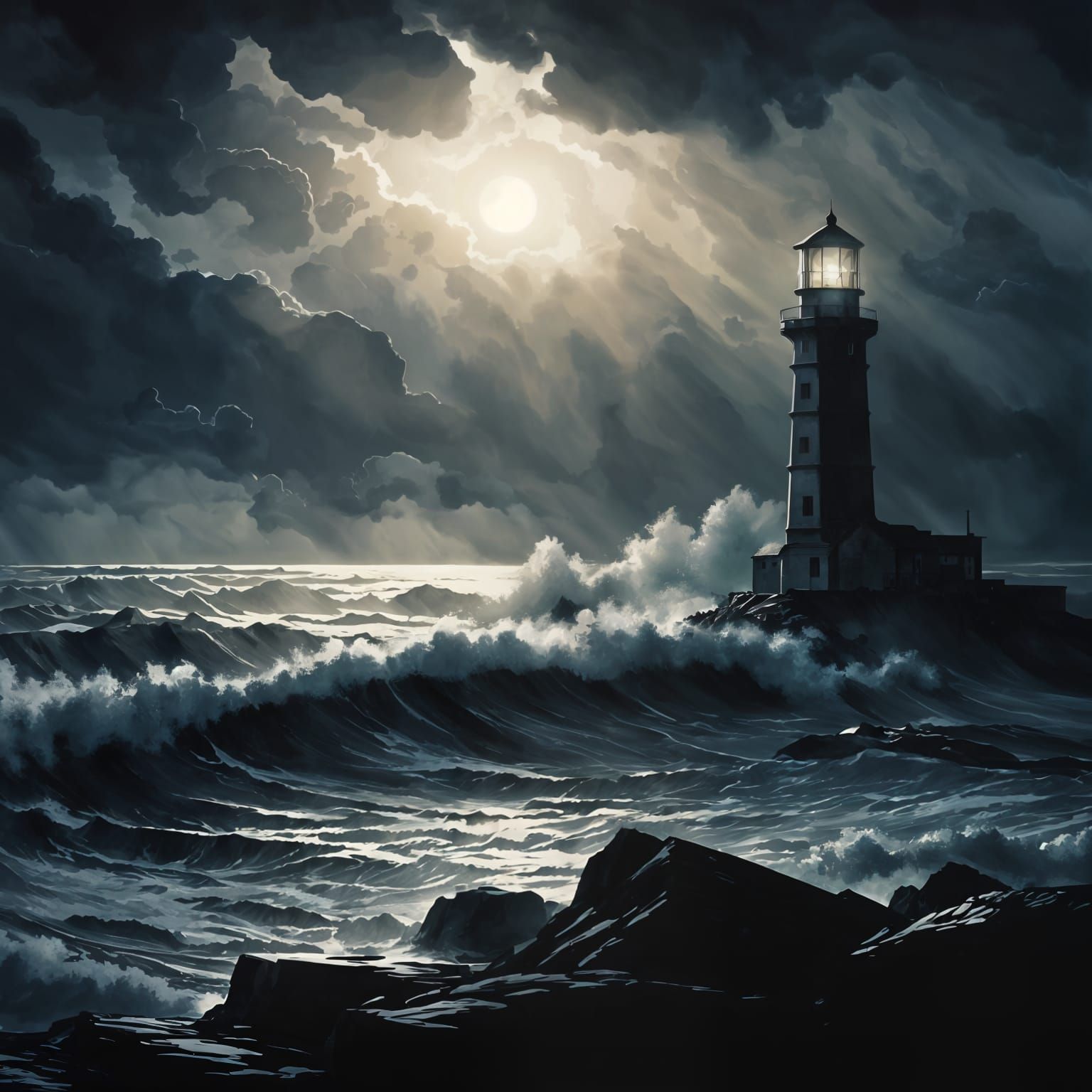 Stormy Lighthouse Watercolour in the Style of Beksiński