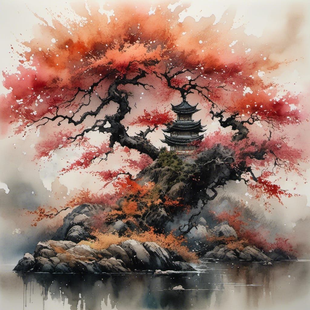 Ethereal Watercolor Painting with Ink Details