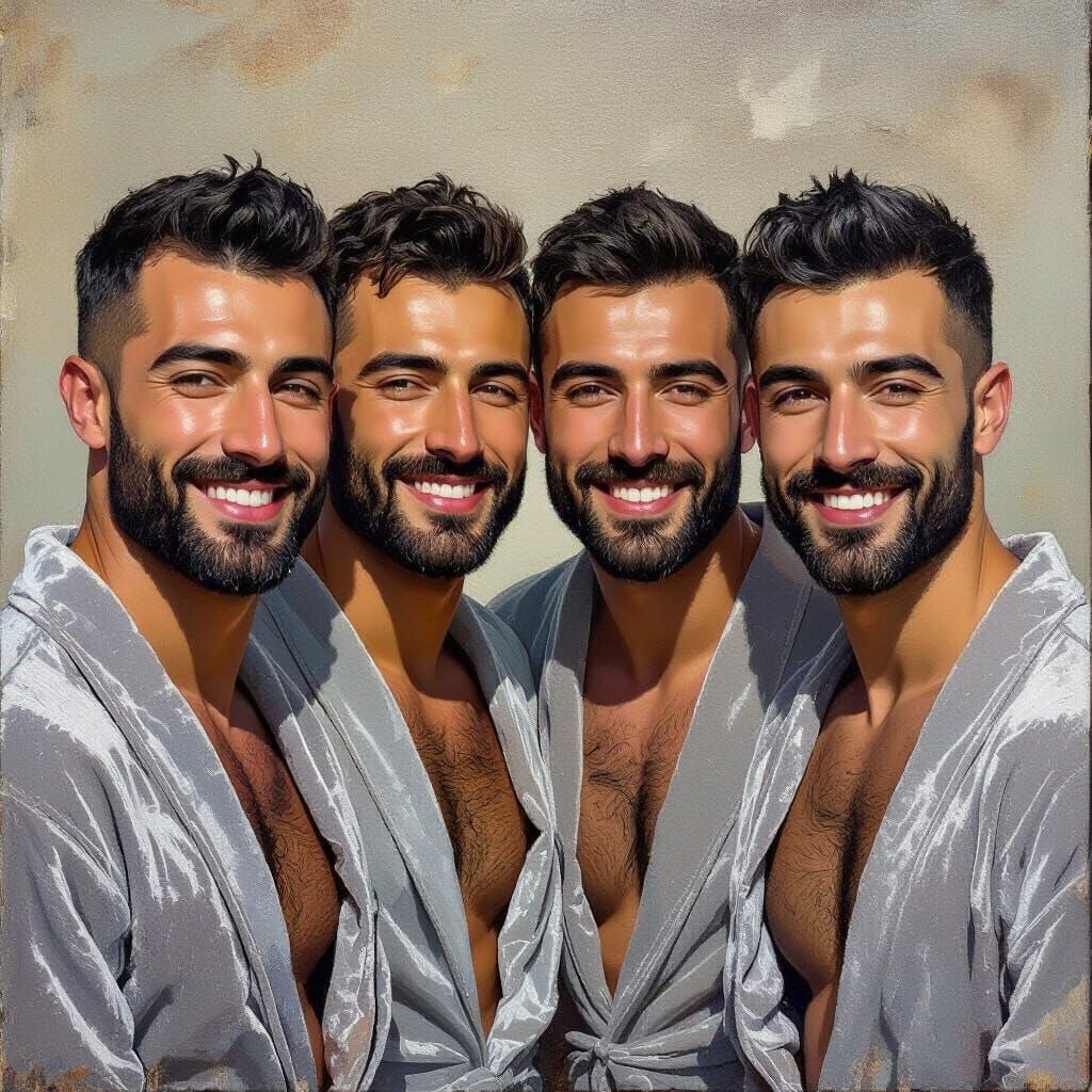 Four Handsome Men in Velvet Bathrobes, Impasto Oil Painting