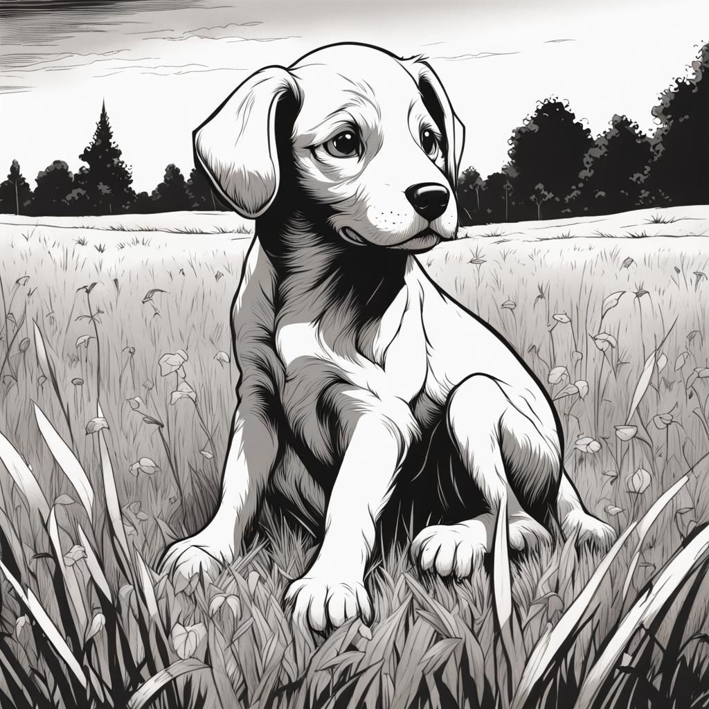 Puppy in Grass: Childlike Cartoon Outline