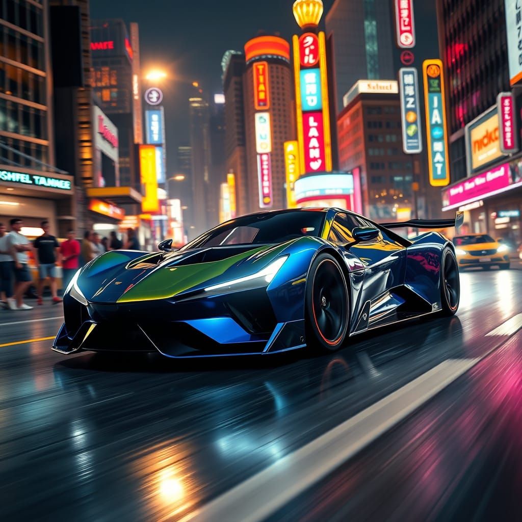 Electric Blue Lada Raven Concept Supercar in Cyberpunk City