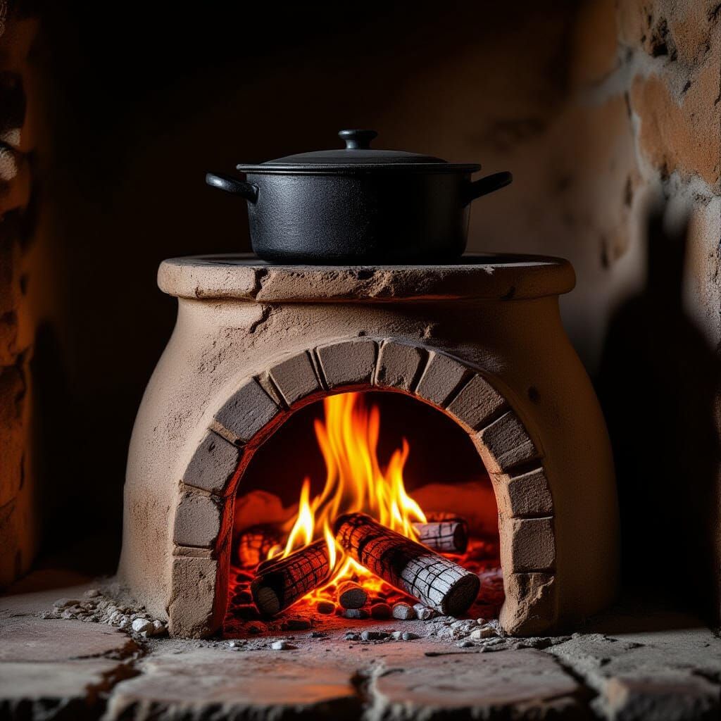 Rustic Clay Stove with Fiery Flames