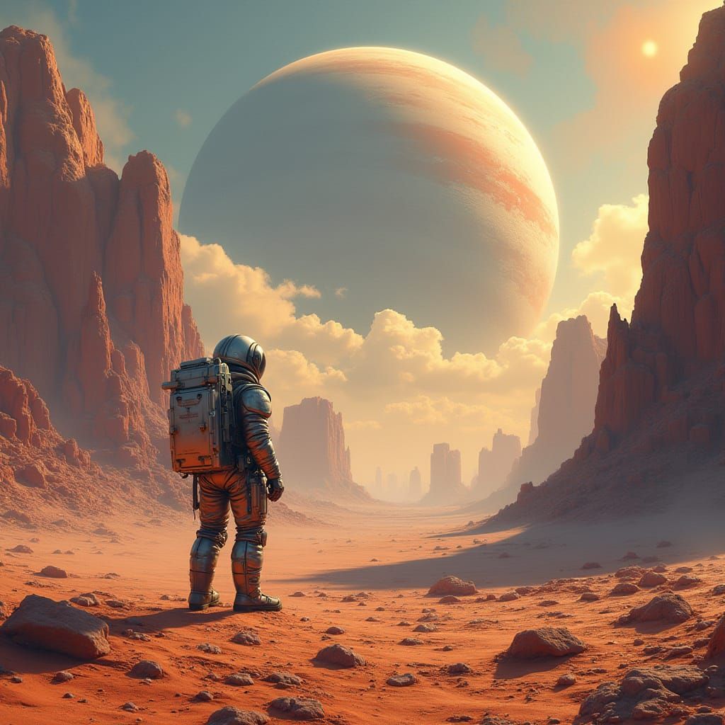 Astronaut on Alien Planet Gazing at Ringed World