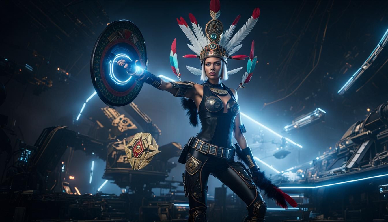 Aztec Warrior Woman in Cyberpunk Power Armor