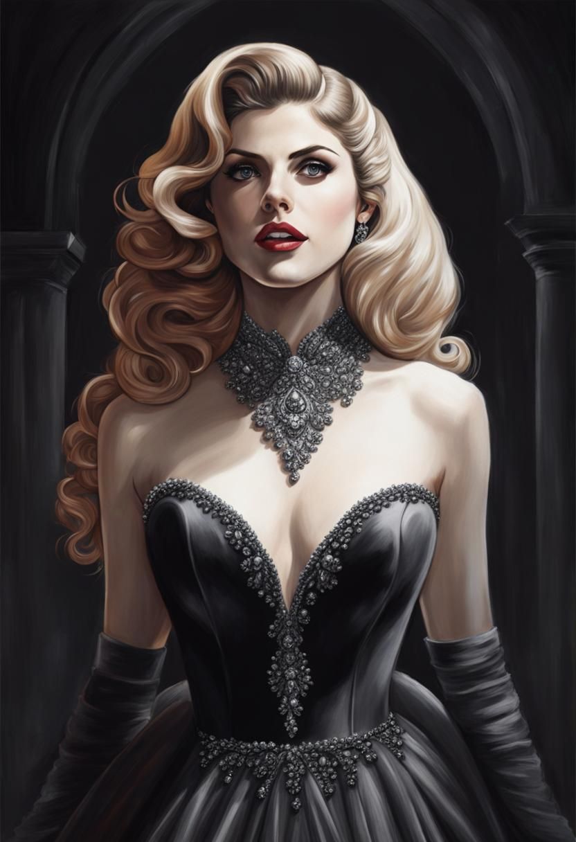 Alexandra Daddario in Hyperdetailed Charcoal Prom Gown